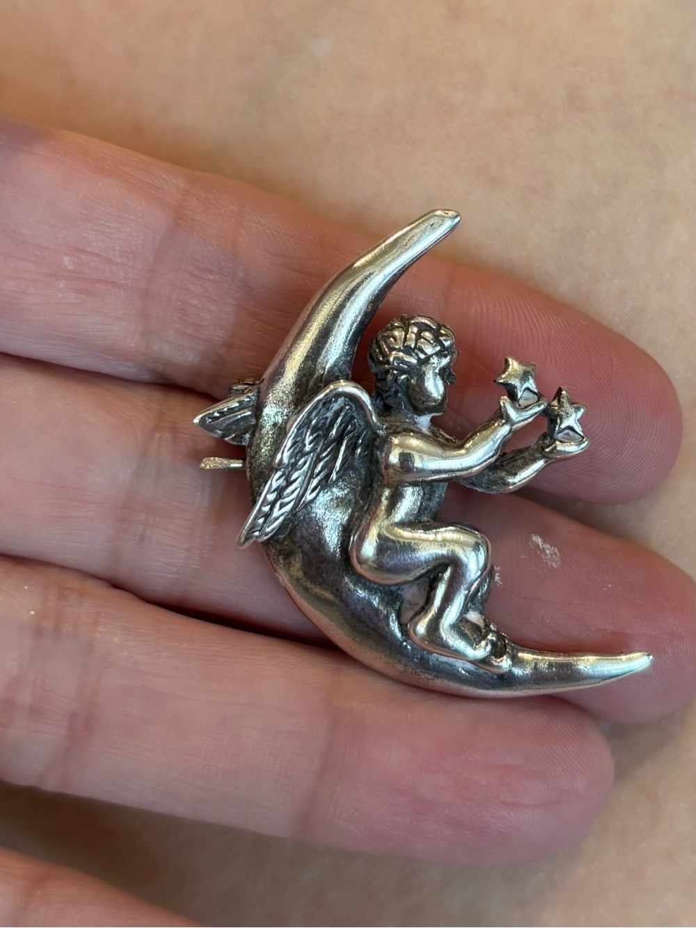 Silver Cherub on Crescent Moon Brooch - sterling Silver